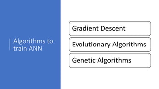 Algorithms to
train ANN
Gradient Descent
Evolutionary Algorithms
Genetic Algorithms
 