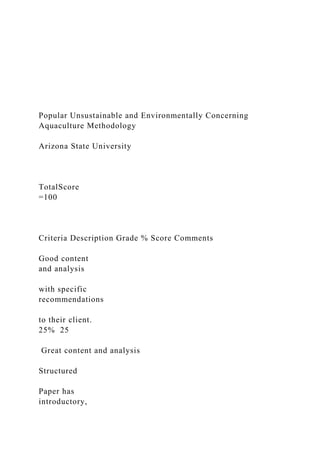 Popular Unsustainable and Environmentally Concerning
Aquaculture Methodology
Arizona State University
TotalScore
=100
Criteria Description Grade % Score Comments
Good content
and analysis
with specific
recommendations
to their client.
25% 25
Great content and analysis
Structured
Paper has
introductory,
 