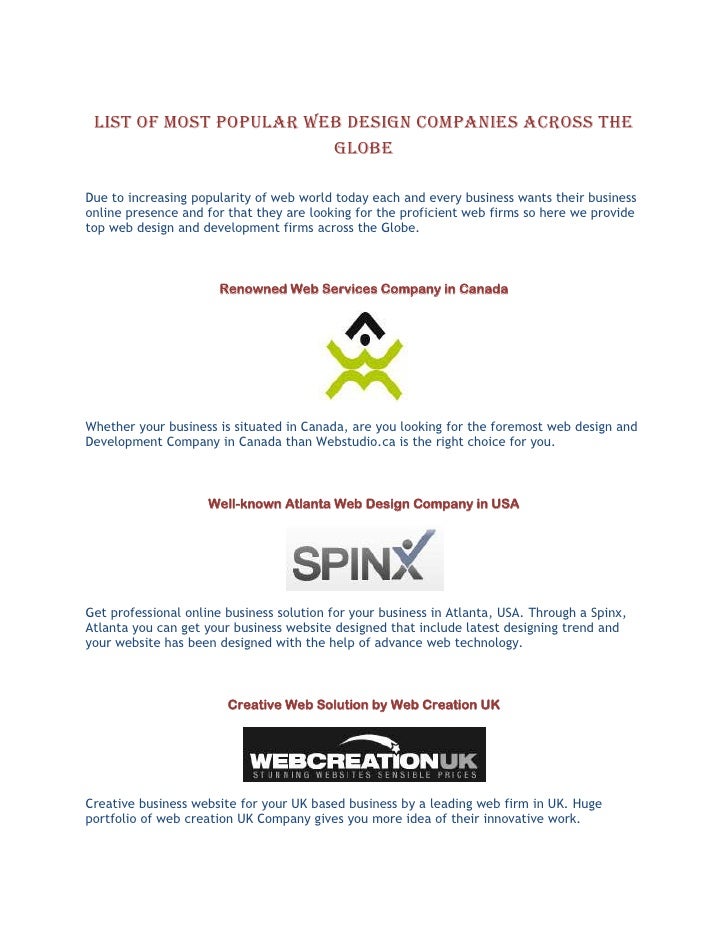 List of Most Popular Web Design Companies Across the Globe