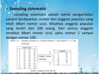 • Sampling sistematis
Sampling sistematis adalah teknik pengambilan
sampel berdasarkan urutan dari anggota populasi yang
telah diberi nomor urut. Misalnya anggota populasi
yang terdiri dari 100 orang. Dari semua anggota
tersebut diberi nomor urut, yaitu nomor 1 sampai
dengan nomor 100.
 