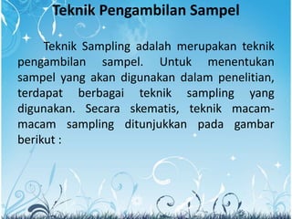 Teknik Pengambilan Sampel
Teknik Sampling adalah merupakan teknik
pengambilan sampel. Untuk menentukan
sampel yang akan digunakan dalam penelitian,
terdapat berbagai teknik sampling yang
digunakan. Secara skematis, teknik macam-
macam sampling ditunjukkan pada gambar
berikut :
 