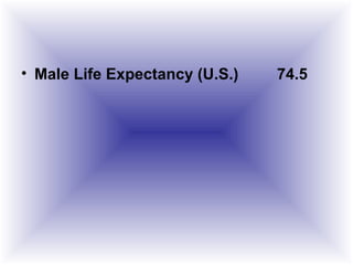 • Male Life Expectancy (U.S.) 74.5
 