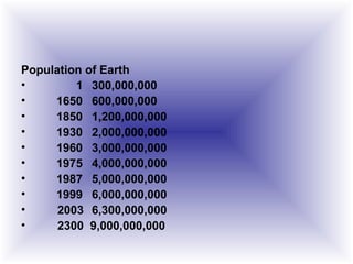 Population of Earth
• 1 300,000,000
• 1650 600,000,000
• 1850 1,200,000,000
• 1930 2,000,000,000
• 1960 3,000,000,000
• 1975 4,000,000,000
• 1987 5,000,000,000
• 1999 6,000,000,000
• 2003 6,300,000,000
• 2300 9,000,000,000
 
