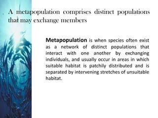 A metapopulation comprises distinct populations
that may exchange members
Metapopulation is when species often exist
as a network of distinct populations that
interact with one another by exchanging
individuals, and usually occur in areas in which
suitable habitat is patchily distributed and is
separated by intervening stretches of unsuitable
habitat.
 