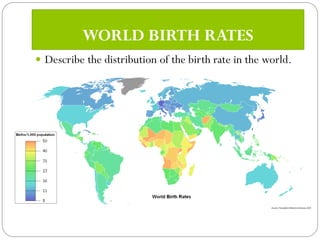 WORLD BIRTH RATES
Describe the distribution of the birth rate in the world.