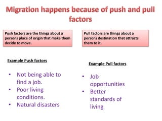 Push factors are the things about a
persons place of origin that make them
decide to move.
Pull factors are things about a
persons destination that attracts
them to it.
Example Push factors
Example Pull factors
• Not being able to
find a job.
• Poor living
conditions.
• Natural disasters
• Job
opportunities
• Better
standards of
living
 