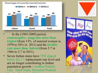 • In the (1965-2009) period,
contraceptive usage has more than
tripled (from 13% of married women in
1970 to 56% in 2011) and the fertility
rate more than halved (from 5.7 in
1966 to 2.7 in 2011).
• Seven Indian states have TFR dipped
below the 2.1 replacement rate level and
are no longer contributing to Indian
population growth - Andhra Pradesh,
Goa, Tamil Nadu, Himachal Pradesh,
 
