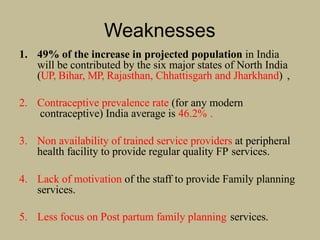 Weaknesses
1. 49% of the increase in projected population in India
will be contributed by the six major states of North India
(UP, Bihar, MP, Rajasthan, Chhattisgarh and Jharkhand) ,
2. Contraceptive prevalence rate (for any modern
contraceptive) India average is 46.2% .
3. Non availability of trained service providers at peripheral
health facility to provide regular quality FP services.
4. Lack of motivation of the staff to provide Family planning
services.
5. Less focus on Post partum family planning services.
 