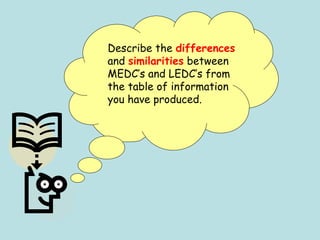 Describe the differences
and similarities between
MEDC’s and LEDC’s from
the table of information
you have produced.
 