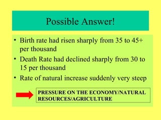 Possible Answer! Birth rate had risen sharply from 35 to 45+ per thousand Death Rate had declined sharply from 30 to 15 per thousand Rate of natural increase suddenly very steep PRESSURE ON THE ECONOMY/NATURAL RESOURCES/AGRICULTURE 