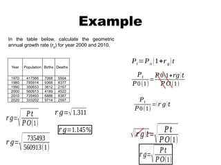 Example
Year Population Births Deaths
1970 417566 7068 5504
1980 785914 9368 8377
1990 350653 3612 2167
2000 560913 4189 4522
2010 735493 6886 8387
2020 333202 9714 2597
Pt=Po (1+rg)t
In the table below, calculate the geometric
annual growth rate (rg) for year 2000 and 2010.
𝑃𝑡
𝑃0(1)
=
𝑃 0(1+𝑟𝑔)𝑡
𝑃 𝑂(1)
𝑃𝑡
𝑃0(1)
=(𝑟 𝑔)𝑡
√(𝑟 𝑔)𝑡=
√ 𝑃 𝑡
𝑃 𝑂(1)
𝑟 𝑔=
√ 𝑃𝑡
𝑃𝑂(1)
𝑟 𝑔=
√ 𝑃𝑡
𝑃𝑂(1)
𝑟 𝑔=
√ 735493
560913(1)
𝑟 𝑔=√1.311
𝑟 𝑔=1.145%
 