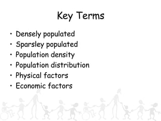 Key Terms Densely populated Sparsley populated Population density Population distribution Physical factors Economic factors 