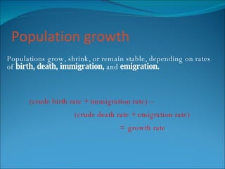 Population growth Populations grow, shrink, or remain stable, depending on rates of  birth, death, immigration,  and  emigration. (crude birth rate + immigration rate) – (crude death rate + emigration rate)   =  growth rate 