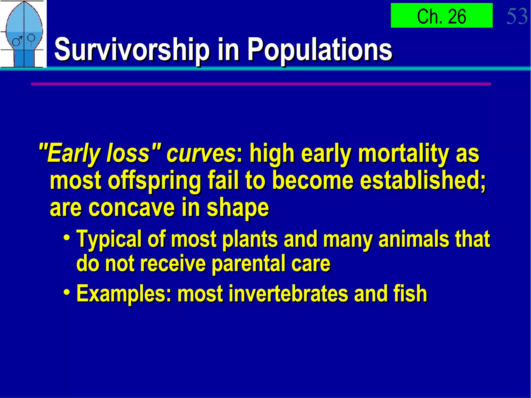 Survivorship in Populations  "Early loss" curves : high early mortality as most offspring fail to become established; are concave in shape  Typical of most plants and many animals that do not receive parental care Examples: most invertebrates and fish 