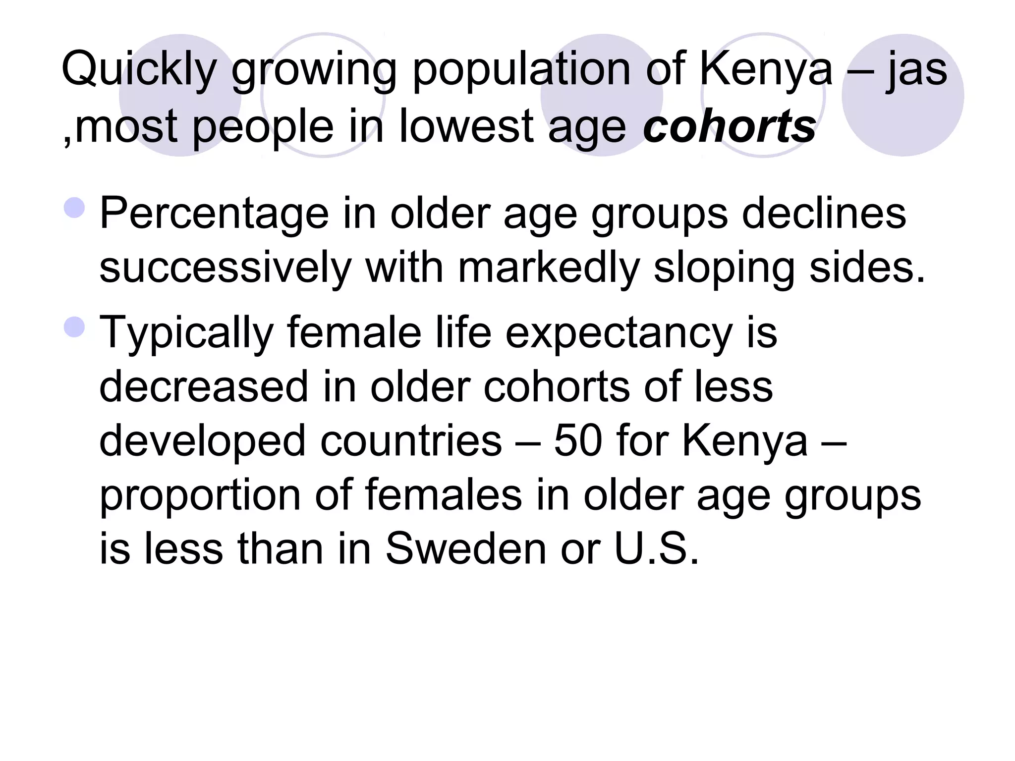 Quickly growing population of Kenya – jas 
,most people in lowest age cohorts 
Percentage in older age groups declines 
successively with markedly sloping sides. 
Typically female life expectancy is 
decreased in older cohorts of less 
developed countries – 50 for Kenya – 
proportion of females in older age groups 
is less than in Sweden or U.S. 
 