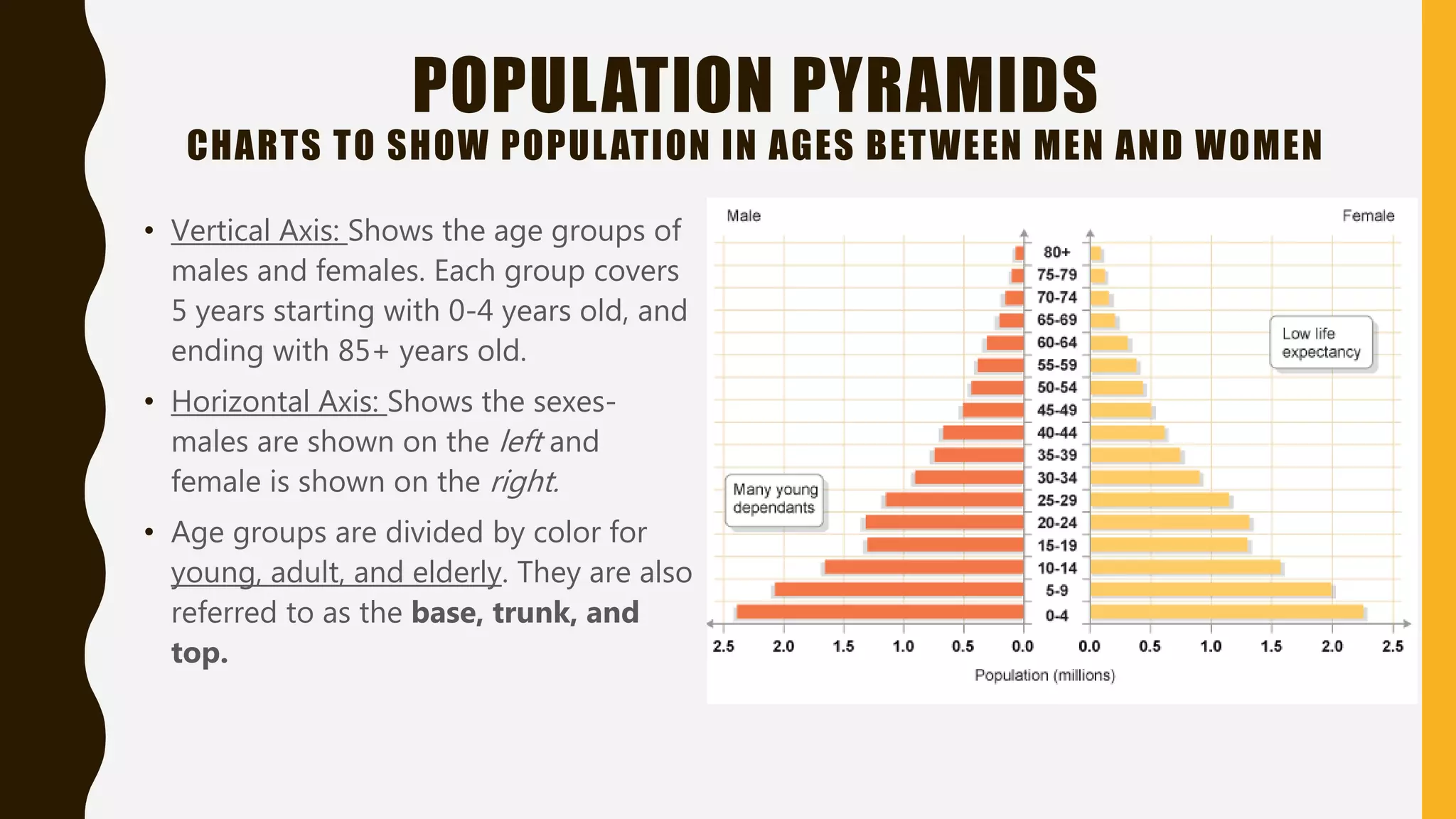 POPULATION PYRAMIDS
CHARTS TO SHOW POPULATION IN AGES BETWEEN MEN AND WOMEN
• Vertical Axis: Shows the age groups of
males and females. Each group covers
5 years starting with 0-4 years old, and
ending with 85+ years old.
• Horizontal Axis: Shows the sexes-
males are shown on the left and
female is shown on the right.
• Age groups are divided by color for
young, adult, and elderly. They are also
referred to as the base, trunk, and
top.
 