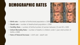 DEMOGRAPHIC RATES
• Birth rate = number of births/total population x 1000
• Death rate = number of deaths/total population x 1000
• Fertility Rate = number of births/number of women between 15 and 49 x 1000
• Infant Mortality Rate = number of deaths in children under 1 year old/number of
births x 1000
• Rate of Natural Increase = birth rate – death rate
 