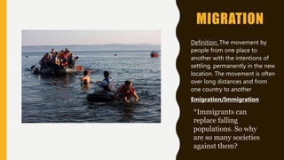 MIGRATION
• Definition: The movement by
people from one place to
another with the intentions of
settling, permanently in the new
location. The movement is often
over long distances and from
one country to another
• Emigration/Immigration
*Immigrants can
replace falling
populations. So why
are so many societies
against them?
 