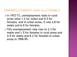  in 1972-73, unemployment rates in rural
areas were 1.2 for males and 0.5 for
females, and in urban areas, it was 4.8 for
males and 6.0 for females.
 This unemployment rate rose to 2.3 for
males and 1.5 for females in rural areas and
4.9 for males and 8.2 for females in urban
areas in 1998-99.
 
