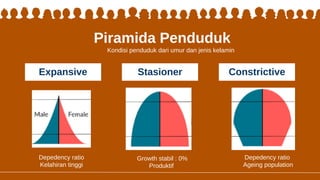 Expansive Stasioner Constrictive
Piramida Penduduk
Kondisi penduduk dari umur dan jenis kelamin
Depedency ratio
Kelahiran tinggi
Growth stabil : 0%
Produktif
Depedency ratio
Ageing population
 