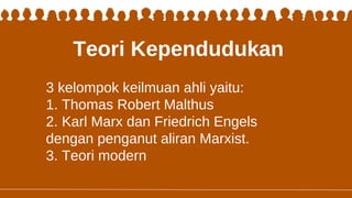 3 kelompok keilmuan ahli yaitu:
1. Thomas Robert Malthus
2. Karl Marx dan Friedrich Engels
dengan penganut aliran Marxist.
3. Teori modern
Teori Kependudukan
 