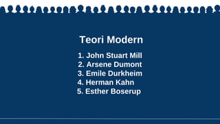 Teori Modern
1. John Stuart Mill
2. Arsene Dumont
3. Emile Durkheim
4. Herman Kahn
5. Esther Boserup
 