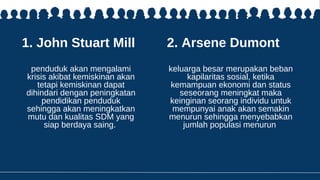 1. John Stuart Mill
penduduk akan mengalami
krisis akibat kemiskinan akan
tetapi kemiskinan dapat
dihindari dengan peningkatan
pendidikan penduduk
sehingga akan meningkatkan
mutu dan kualitas SDM yang
siap berdaya saing.
2. Arsene Dumont
keluarga besar merupakan beban
kapilaritas sosial, ketika
kemampuan ekonomi dan status
seseorang meningkat maka
keinginan seorang individu untuk
mempunyai anak akan semakin
menurun sehingga menyebabkan
jumlah populasi menurun
 