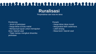 Ruralisasi
Perpindahan dari kota ke desa
Pendorong
- Jenuh di perkotaan
- Harga lahan di kota mahal
- Mempunyai tujuan untuk memajukan
desa / daerah asal
- Tidak mampu mengikuti dinamika
perkotaan
Penarik
- Harga lahan desa murah
- Masyarakat lebih sederhana
- Lebih tenang
- Masa kecil / daerah asal
 