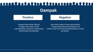 Dampak
- lalu lintas padat di saat-saat tertentu
- mengurangi peluang penduduk asli
- beban kota berat karena pertambahan jumlah
penduduk
- tenaga kerja keluar daerah
- tenaga kerja upah murah
- meningkatkan prasaran transportasi
- pemerataan pendapatan
Positive Negative
 
