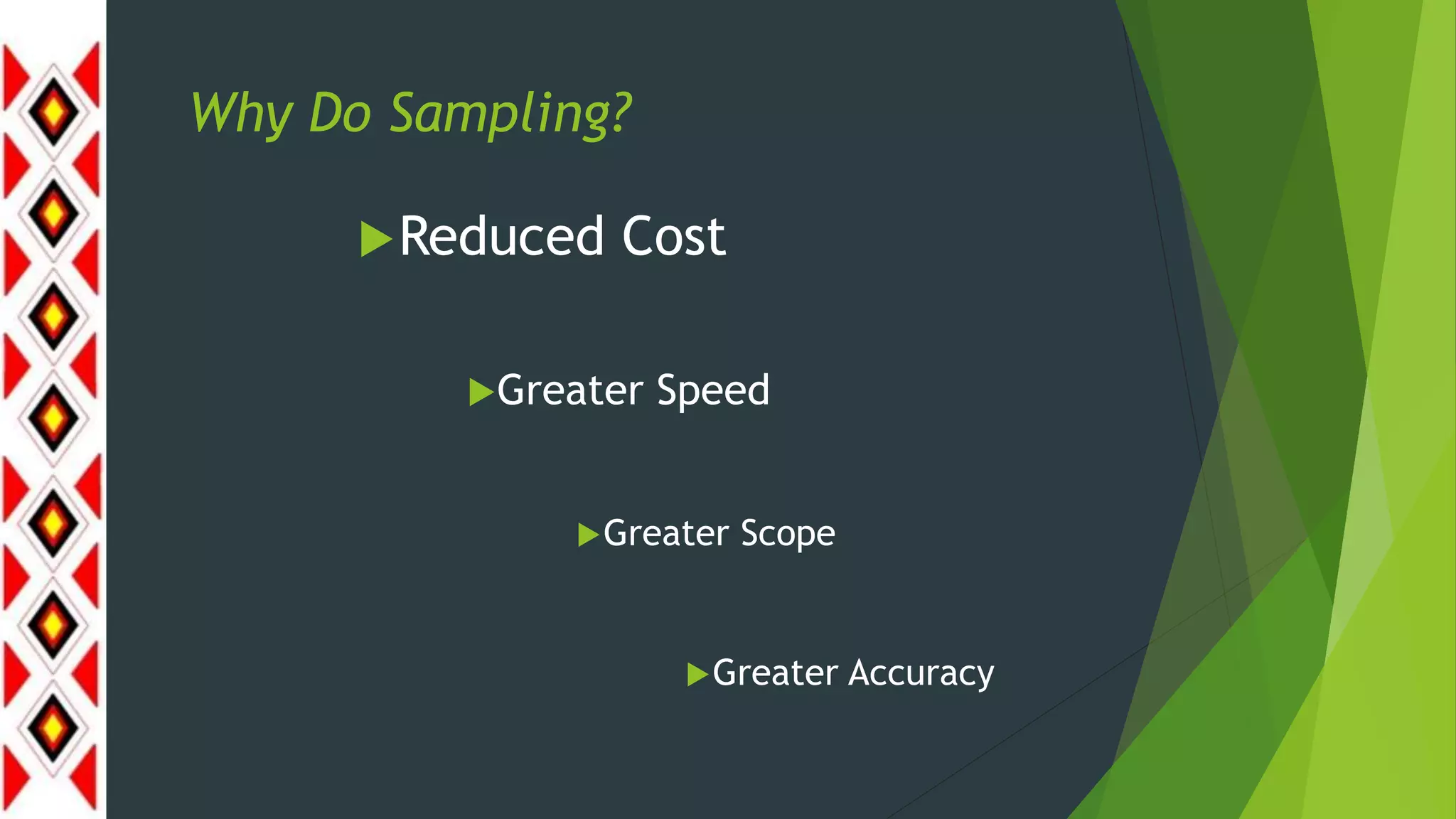 Why Do Sampling?
Reduced Cost
Greater Speed
Greater Scope
Greater Accuracy
 