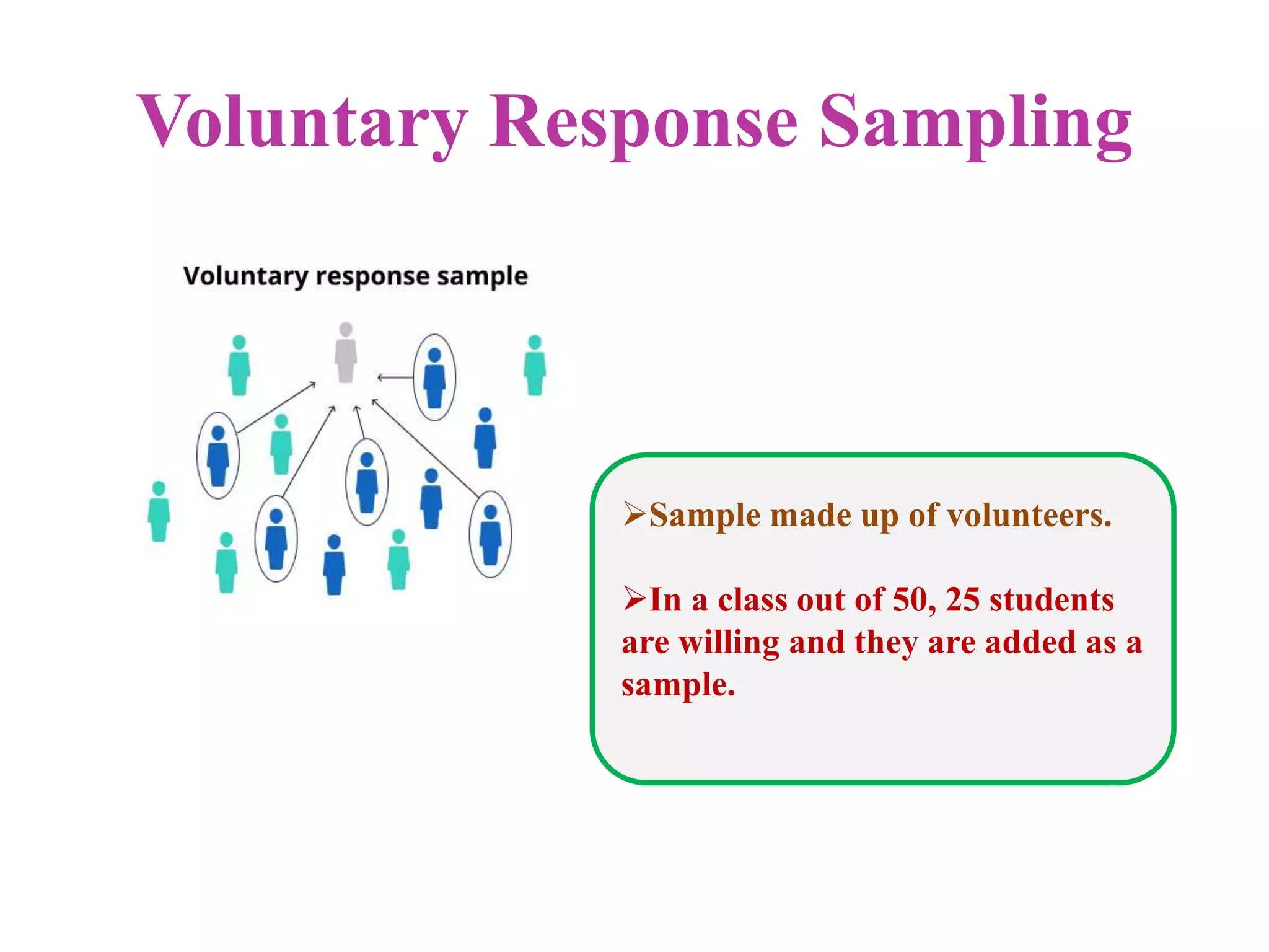 Voluntary Response Sampling
Sample made up of volunteers.
In a class out of 50, 25 students
are willing and they are added as a
sample.
 