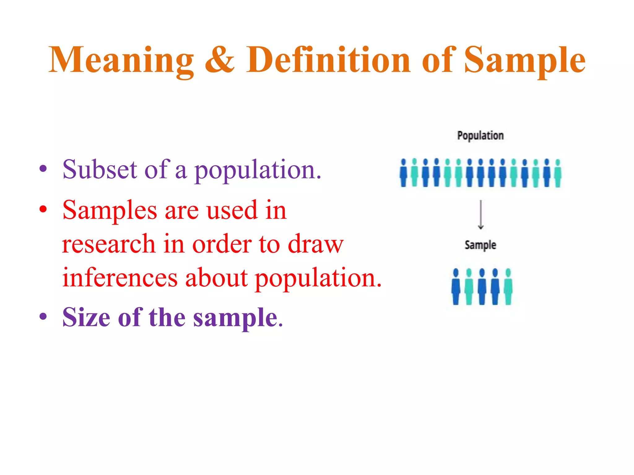 Meaning & Definition of Sample
• Subset of a population.
• Samples are used in
research in order to draw
inferences about population.
• Size of the sample.
 