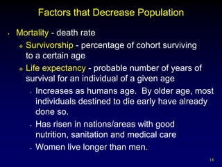 Factors that Decrease Population
•   Mortality - death rate
     Survivorship - percentage of cohort surviving

      to a certain age
     Life expectancy - probable number of years of

      survival for an individual of a given age
       - Increases as humans age. By older age, most

         individuals destined to die early have already
         done so.
       - Has risen in nations/areas with good

         nutrition, sanitation and medical care
       - Women live longer than men.

                                                     18
 