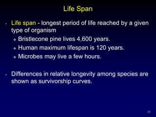 Life Span
•   Life span - longest period of life reached by a given
    type of organism
      Bristlecone pine lives 4,600 years.

      Human maximum lifespan is 120 years.

      Microbes may live a few hours.




•   Differences in relative longevity among species are
    shown as survivorship curves.



                                                        19
 