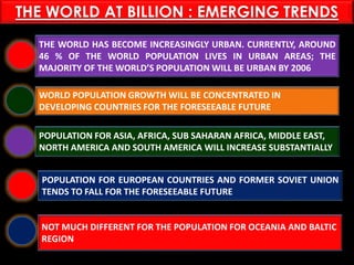 PASHTUN TRIBES
THE WORLD HAS BECOME INCREASINGLY URBAN. CURRENTLY, AROUND
46 % OF THE WORLD POPULATION LIVES IN URBAN AREAS; THE
MAJORITY OF THE WORLD’S POPULATION WILL BE URBAN BY 2006
WORLD POPULATION GROWTH WILL BE CONCENTRATED IN
DEVELOPING COUNTRIES FOR THE FORESEEABLE FUTURE
POPULATION FOR ASIA, AFRICA, SUB SAHARAN AFRICA, MIDDLE EAST,
NORTH AMERICA AND SOUTH AMERICA WILL INCREASE SUBSTANTIALLY
POPULATION FOR EUROPEAN COUNTRIES AND FORMER SOVIET UNION
TENDS TO FALL FOR THE FORESEEABLE FUTURE
NOT MUCH DIFFERENT FOR THE POPULATION FOR OCEANIA AND BALTIC
REGION
THE WORLD AT BILLION : EMERGING TRENDS
 