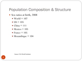 Population Composition & Structure Sex ratios at birth, 2008 World = 107 US = 105 China = 111 Mexico = 105 France = 105 Mozambique = 104 Source: CIA World Factbook 