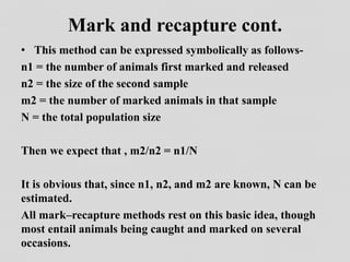 Mark and recapture cont.
• This method can be expressed symbolically as follows-
n1 = the number of animals first marked and released
n2 = the size of the second sample
m2 = the number of marked animals in that sample
N = the total population size
Then we expect that , m2/n2 = n1/N
It is obvious that, since n1, n2, and m2 are known, N can be
estimated.
All mark–recapture methods rest on this basic idea, though
most entail animals being caught and marked on several
occasions.
 