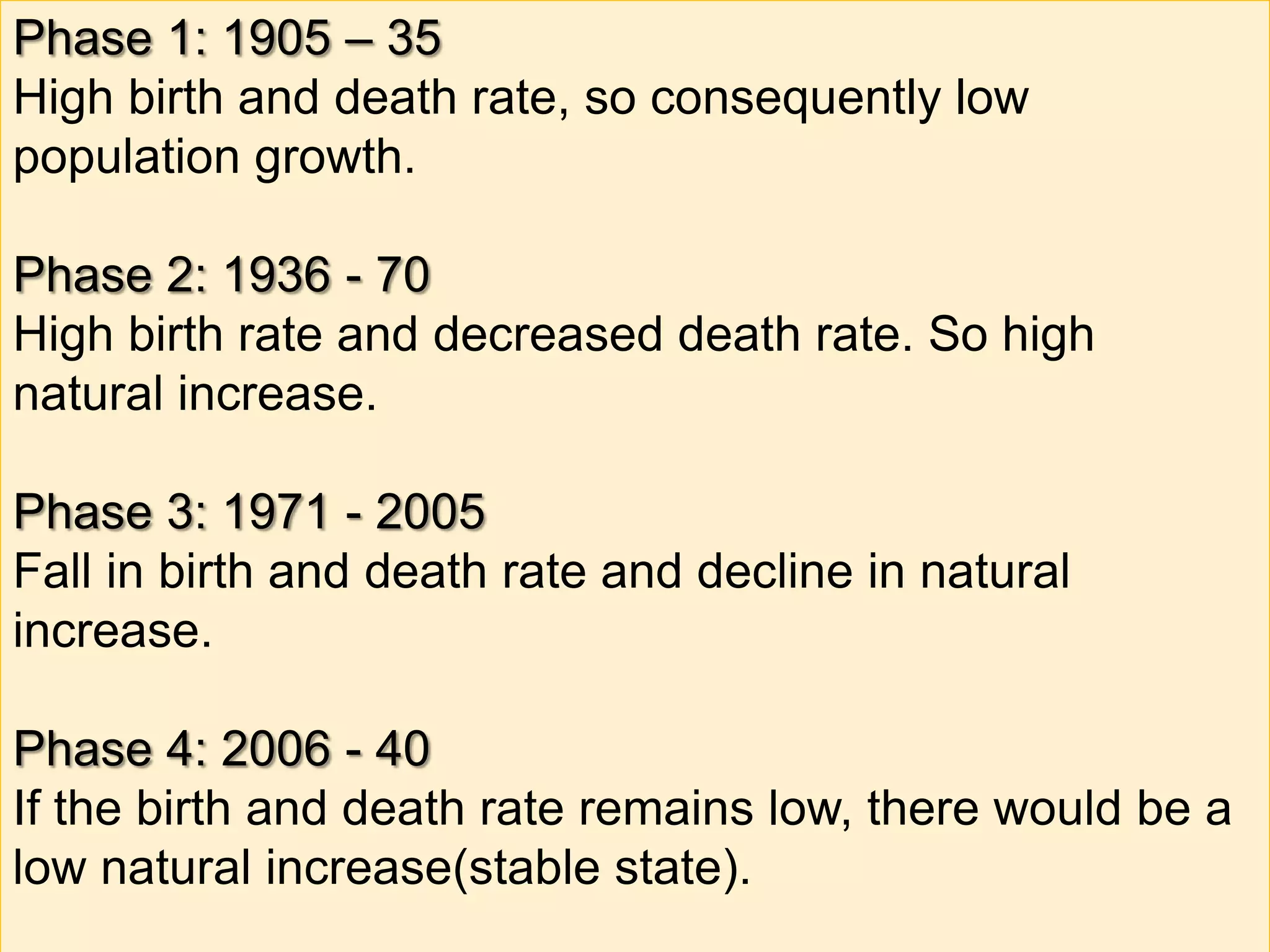 Phase 1: 1905 – 35
High birth and death rate, so consequently low
population growth.
Phase 2: 1936 - 70
High birth rate and decreased death rate. So high
natural increase.
Phase 3: 1971 - 2005
Fall in birth and death rate and decline in natural
increase.
Phase 4: 2006 - 40
If the birth and death rate remains low, there would be a
low natural increase(stable state).