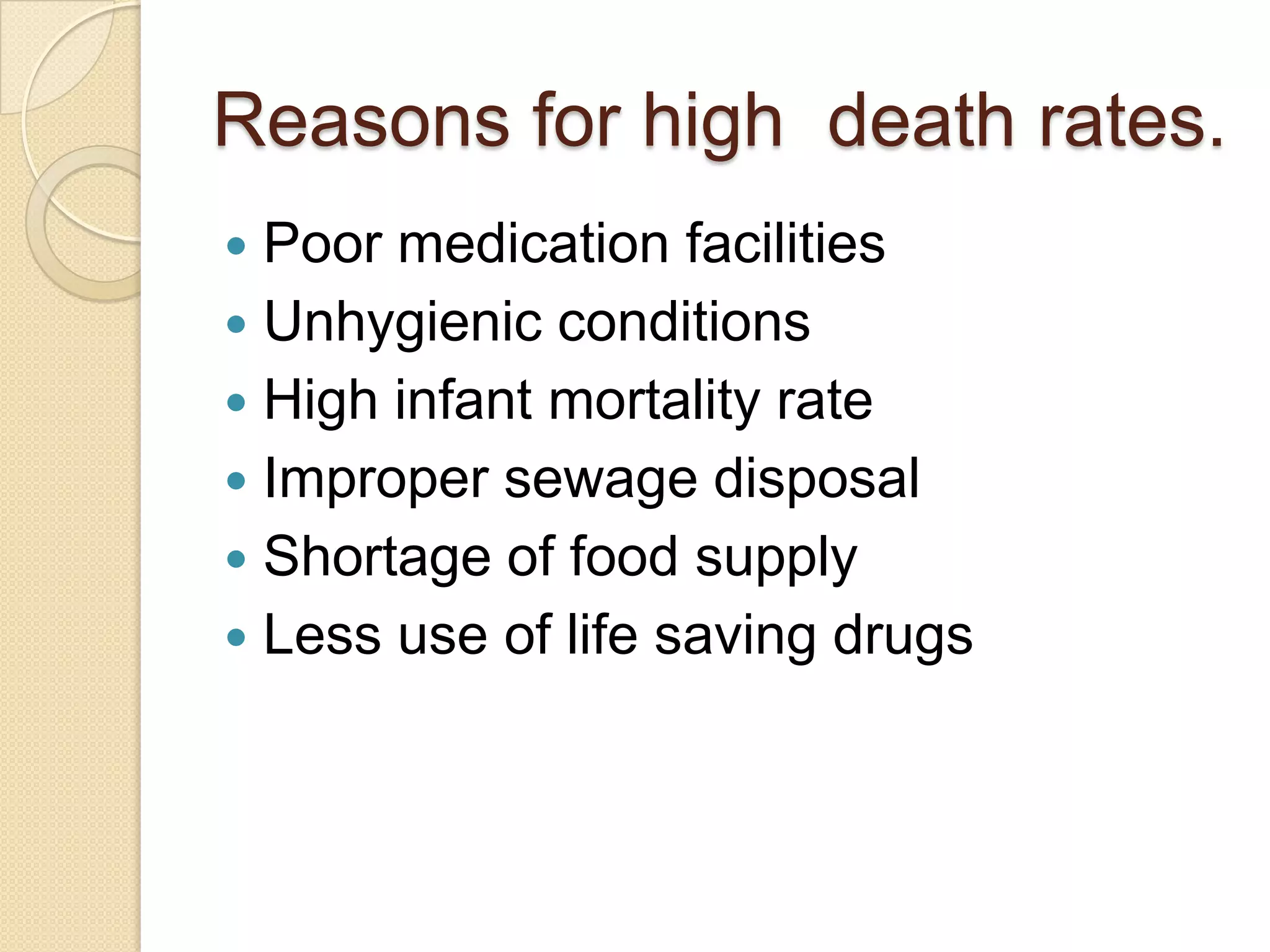 Reasons for high death rates.
Poor medication facilities
Unhygienic conditions
High infant mortality rate
Improper sewage disposal
Shortage of food supply
Less use of life saving drugs

