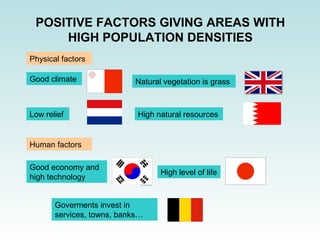 POSITIVE FACTORS GIVING AREAS WITH 
HIGH POPULATION DENSITIES 
Good climate 
Low relief 
Natural vegetation is grass 
High natural resources 
Physical factors 
Human factors 
Good economy and 
high technology High level of life 
Goverments invest in 
services, towns, banks… 
 