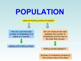 POPULATION 
HOW IS POPULATION STUDIED? 
We can count the total 
number of inhabitants of a 
place or a country 
ABSOLUTE POPULATION 
We can measure the ratio 
between the number of 
inhabitants and the size of 
the area they occupy 
POPULATION DENSITY 
Number of inhabitants divided by 
the surface area of the place 
 