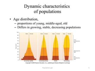 Dynamic characteristics  of populations Age distribution, proportions of young, middle-aged, old Differs in growing, stable, decreasing populations Populations.ppt 
