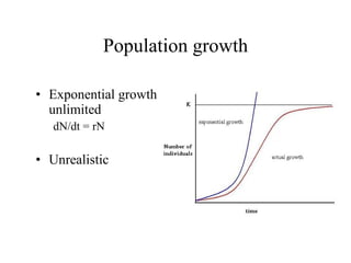 Population growth Exponential growth unlimited dN/dt = rN  Unrealistic 