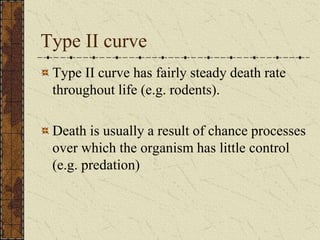 Type II curve
Type II curve has fairly steady death rate
throughout life (e.g. rodents).
Death is usually a result of chance processes
over which the organism has little control
(e.g. predation)
 