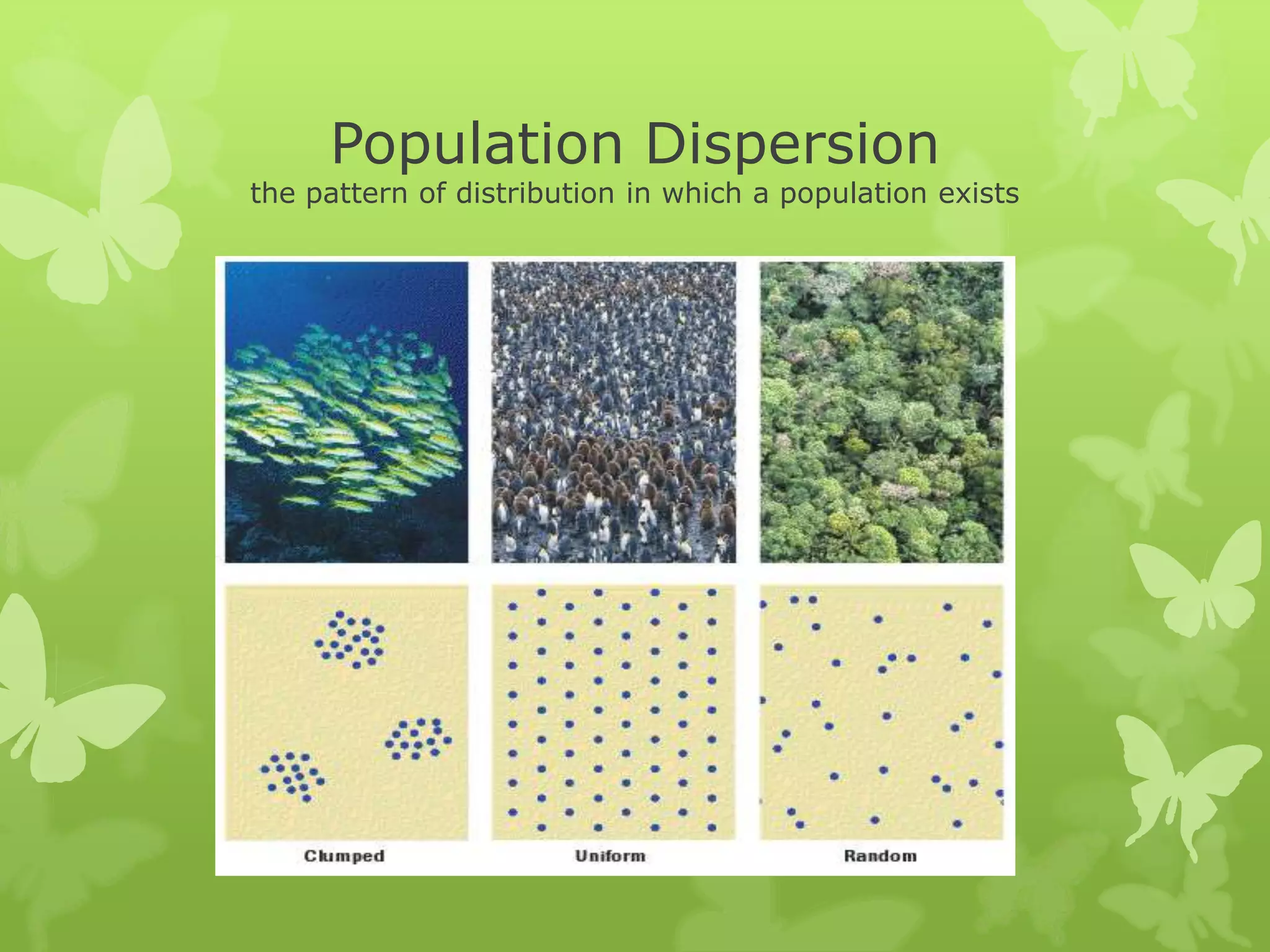 Population Dispersion
the pattern of distribution in which a population exists
 