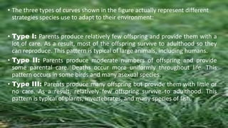 • The three types of curves shown in the figure actually represent different
strategies species use to adapt to their environment:
• Type I: Parents produce relatively few offspring and provide them with a
lot of care. As a result, most of the offspring survive to adulthood so they
can reproduce. This pattern is typical of large animals, including humans.
• Type II: Parents produce moderate numbers of offspring and provide
some parental care. Deaths occur more uniformly throughout life. This
pattern occurs in some birds and many asexual species.
• Type III: Parents produce many offspring but provide them with little or
no care. As a result, relatively few offspring survive to adulthood. This
pattern is typical of plants, invertebrates, and many species of fish.
 
