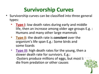 Survivorship Curves
• Survivorship curves can be classified into three general
types:
• Type I: low death rates during early and middle
life, then an increase among older age groups E.g. :
Humans and many other large mammals
• Type II: the death rate is constant over the
organism’s life span E.g.: Some birds and
some lizards
• Type III: high death rates for the young, then a
slower death rate for survivors. E.g.:
Oysters produce millions of eggs, but most larvae
die from predation or other causes
 