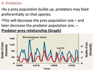 4. Predation
•As a prey population builds up, predators may feed
preferentially on that species.
•This will decrease the prey population size – and
later decrease the predator population size. –
Predator-prey relationship (Graph)
 