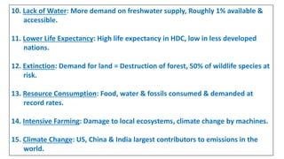 10. Lack of Water: More demand on freshwater supply, Roughly 1% available &
accessible.
11. Lower Life Expectancy: High life expectancy in HDC, low in less developed
nations.
12. Extinction: Demand for land = Destruction of forest, 50% of wildlife species at
risk.
13. Resource Consumption: Food, water & fossils consumed & demanded at
record rates.
14. Intensive Farming: Damage to local ecosystems, climate change by machines.
15. Climate Change: US, China & India largest contributors to emissions in the
world.
 