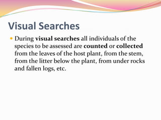 Visual Searches
 During visual searches all individuals of the
species to be assessed are counted or collected
from the leaves of the host plant, from the stem,
from the litter below the plant, from under rocks

and fallen logs, etc.

 